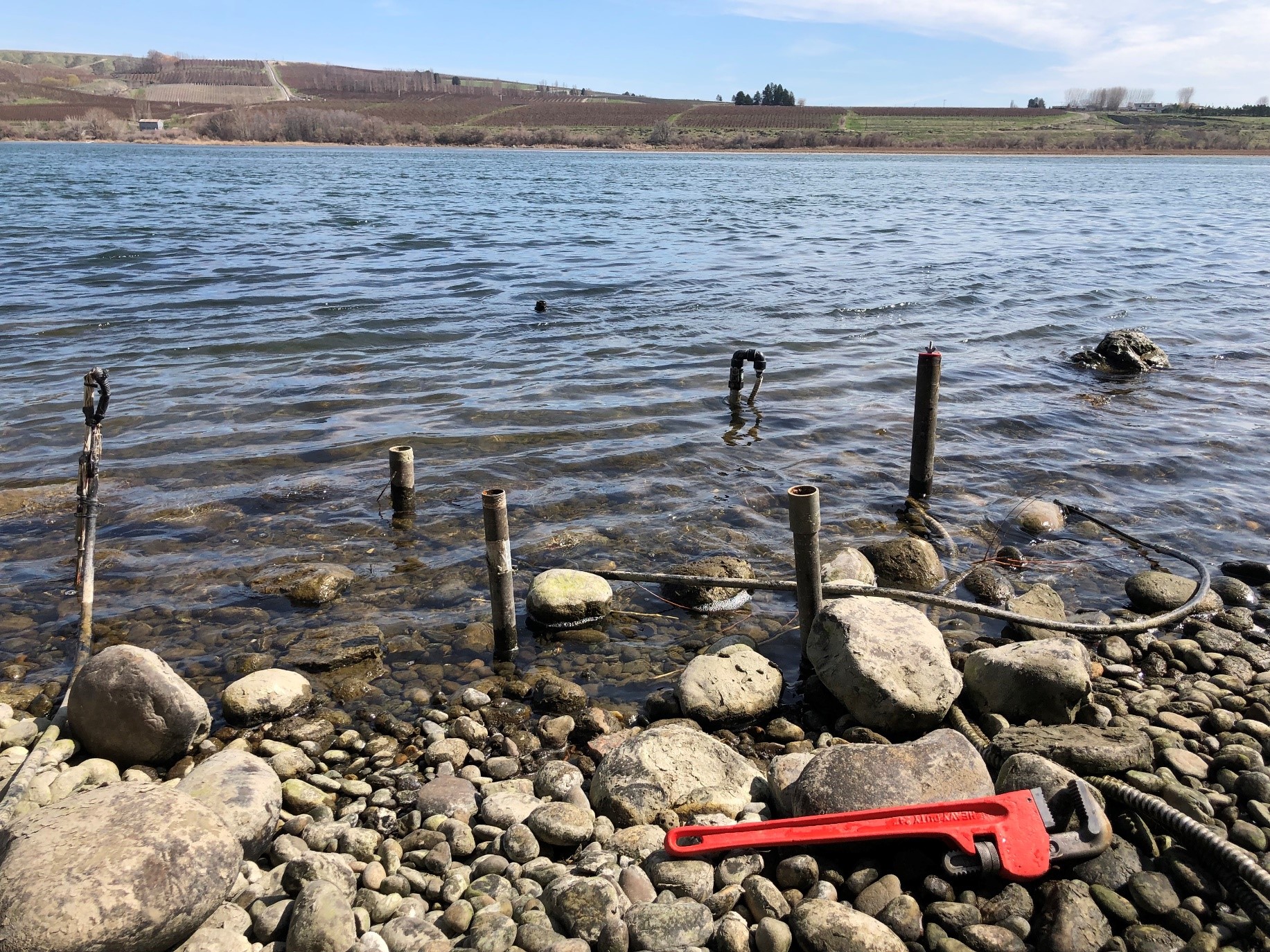 Columbia river with tools on shore