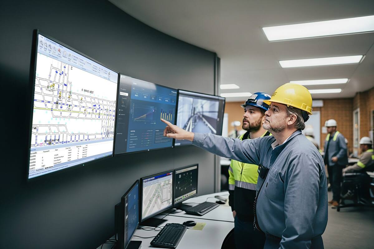 Two men with helmets looking at large display screens.