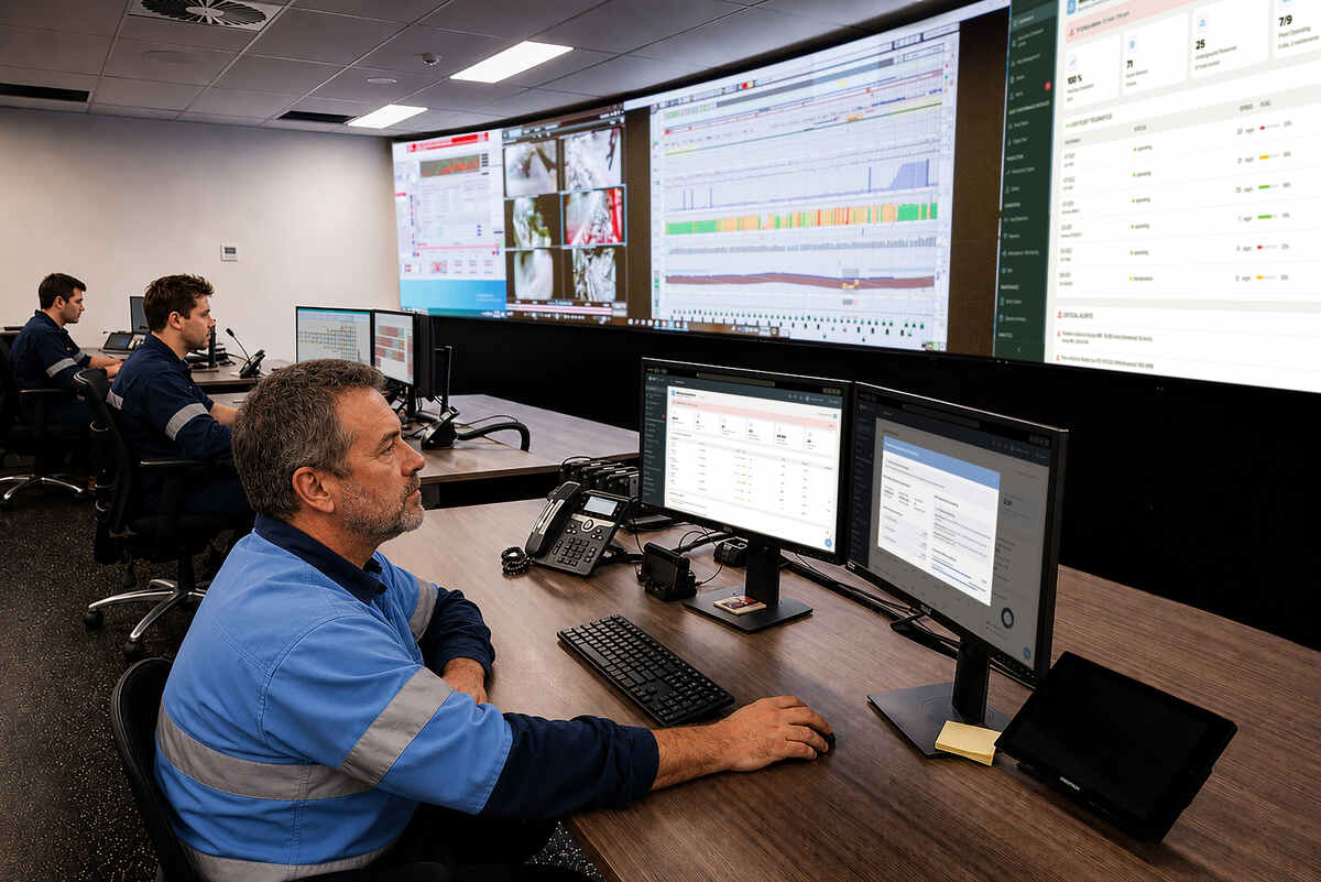 Man at desk, looking at dual monitors.